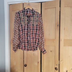 Free People Tan Plaid Embroidered Button Down Blouse, Size Medium